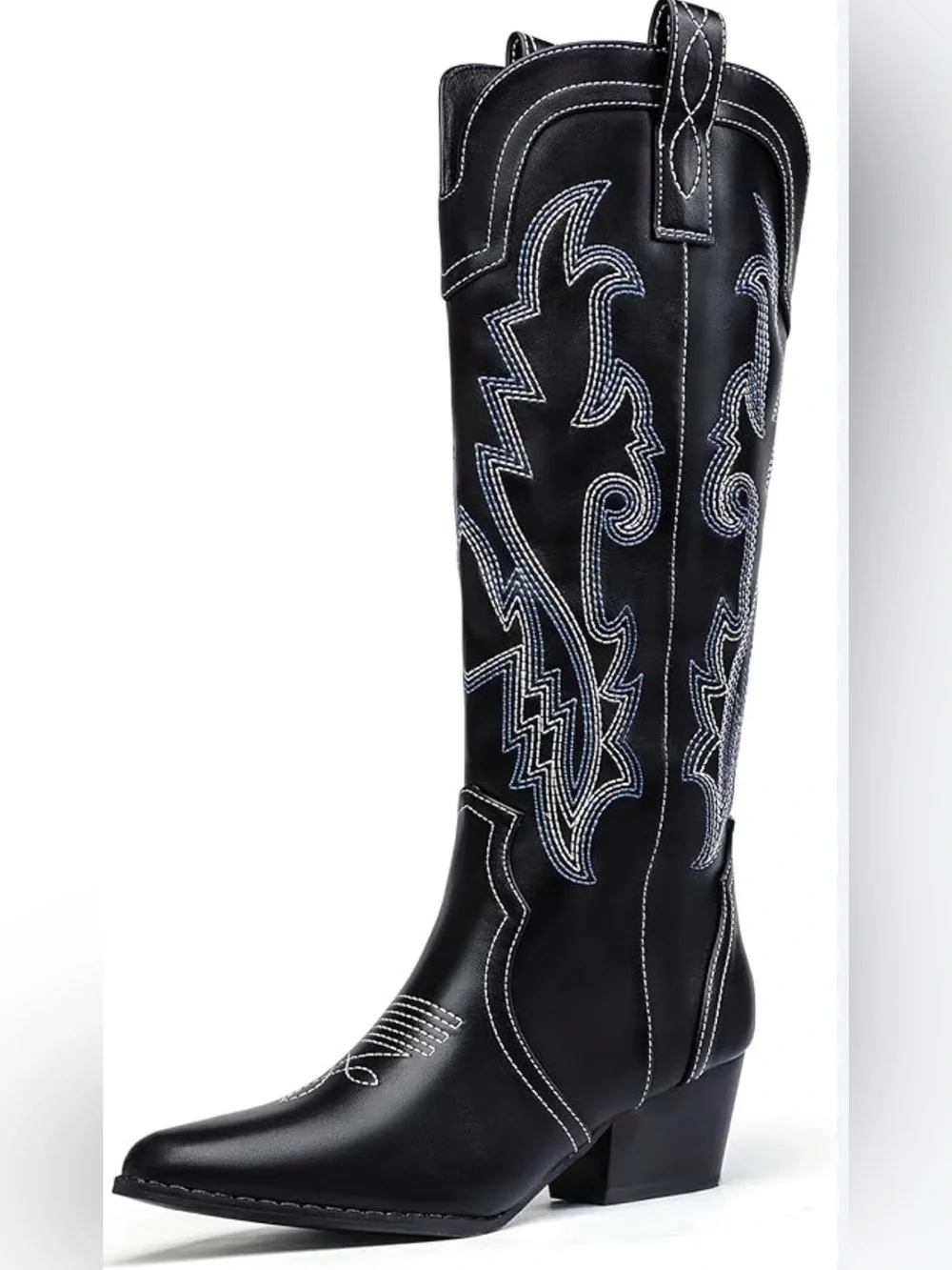 Women’s Black Western Knee-High Boot with White Stitching